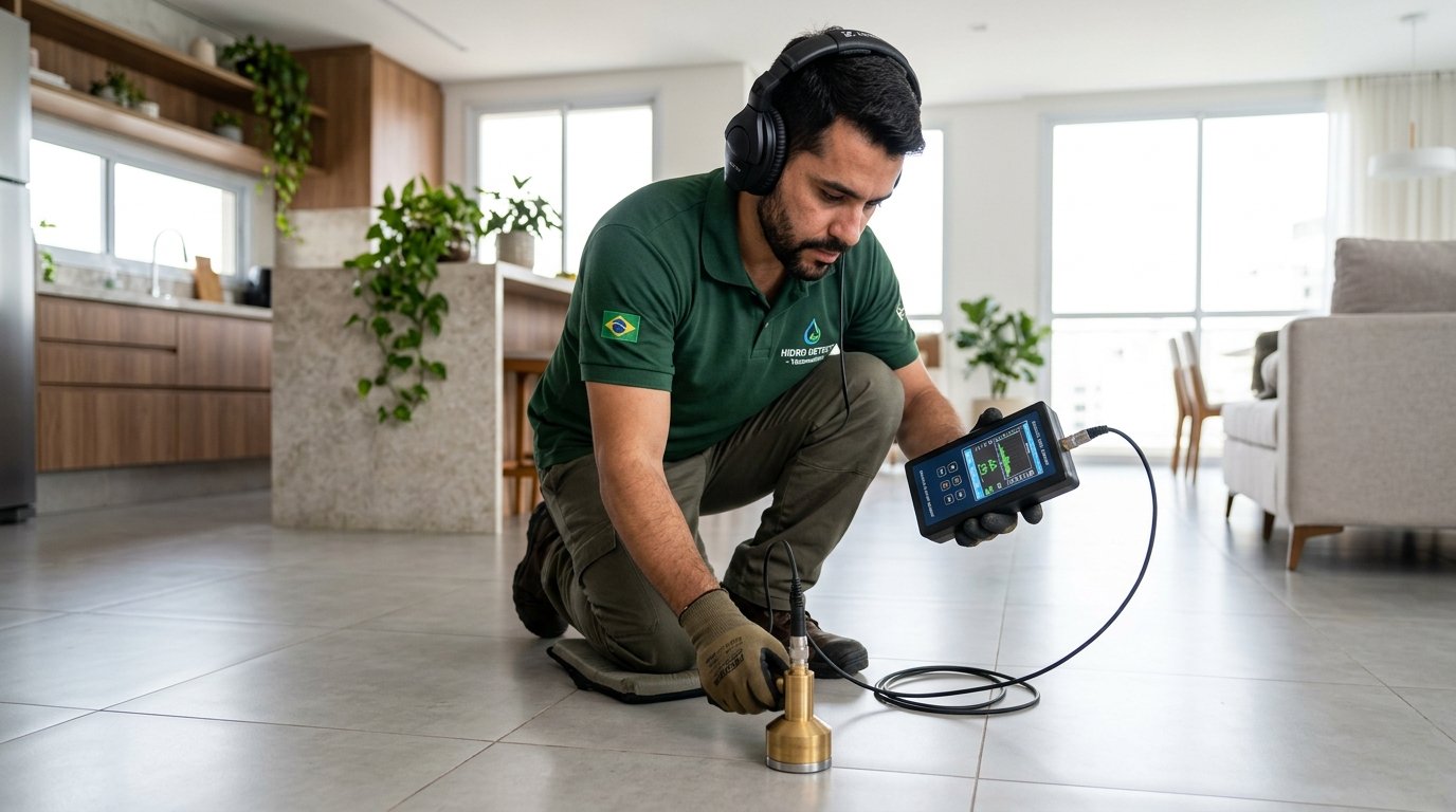 Técnico com geofone eletrônico acústico localizando vazamento sob o piso em Jaú - Desentupidora Casa Livre